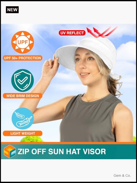 UPF 50+ Wide Brim Zip-Off Ponytail Visor Hat Foldable Travel Hiking main image 5
